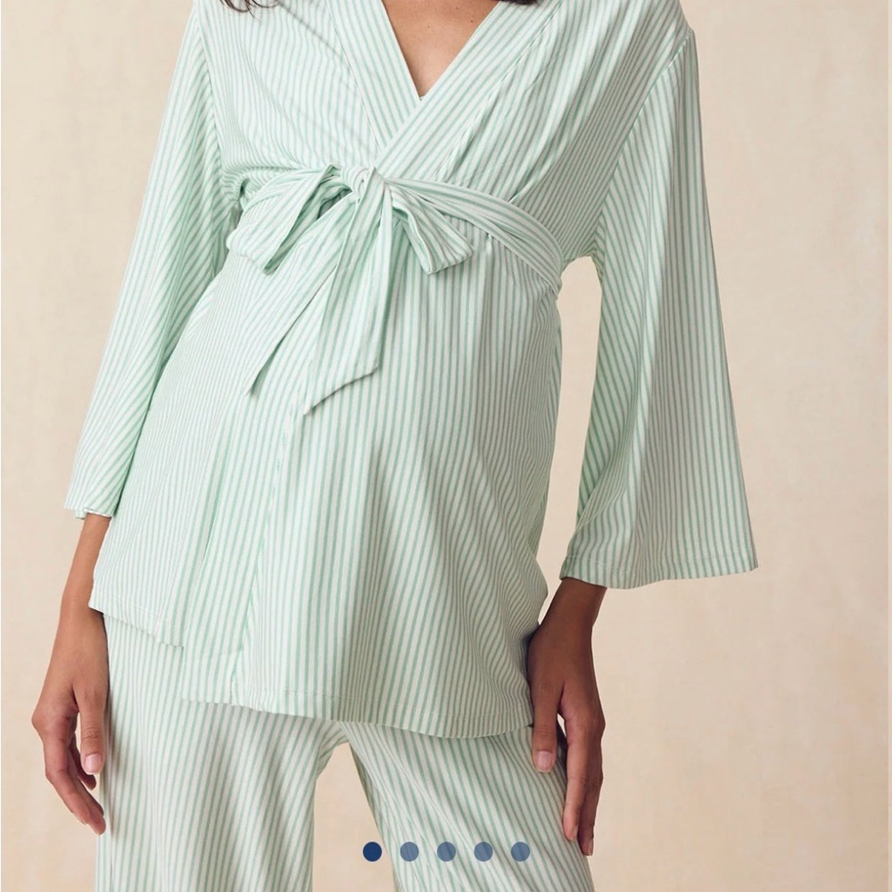 Maternity DreamModal® Kimono Three-Piece Set in Parisian Green Pencil Stripe